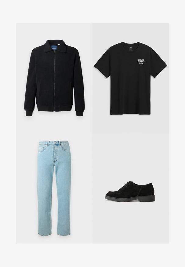 Musternahk fleece-jakk musternahaga, tõmblukk, seisev kaelus, soonikkoes varrukad ja küljetaskud tekstuurse pinnaga.; Must musta t-särk, millel on rinnakrüpt, mis ütleb "KESKKOND" valgel stiliseeritud fontidega ja "Levi's" all. Klassikaline ümar kaelus.; Heledad sinine teksapüks, sirge lõikega, viie tasku, lukuga peale minek ja kanga peal on kerge kulumine.; Mustmust suured kingad ümarate varvastega, kontrastset õmblust ja kummist tallaga. Omab minimaalset paelavarrast ja sujuvat ülemise disaini.