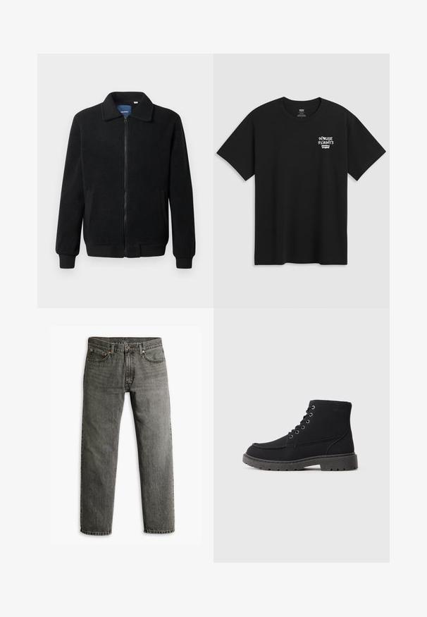 Black fleece jacket featuring a zip closure, stand collar, ribbed cuffs, and side pockets with a textured surface.; Black cotton t-shirt featuring a chest print that reads "HOUSE PLANTS" in white stylized font with "Levi's" below. Classic crew neckline.; Gray denim jeans with a straight leg design, classic five-pocket styling, and subtle stitching detailing on seams and pockets.; Black ankle boots made of textured material with a flat sole, round toe, and six eyelet lacing. Reinforced stitching along the edge.