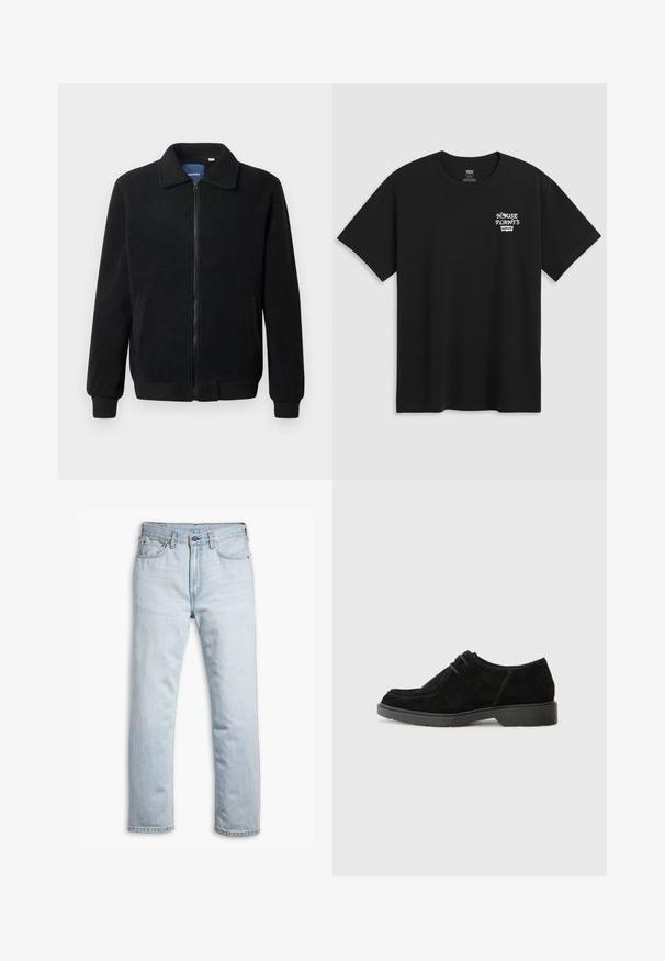 Musternahk fleece-jakk musternahaga, tõmblukk, seisev kaelus, soonikkoes varrukad ja küljetaskud tekstuurse pinnaga.; Must musta t-särk, millel on rinnakrüpt, mis ütleb "KESKKOND" valgel stiliseeritud fontidega ja "Levi's" all. Klassikaline ümar kaelus.; Heledsinised denim püksid, sirge lõikega, viie taskuga, messingist riistvara ning klassikaline nööp ja lukustus.; Mustmust suured kingad ümarate varvastega, kontrastset õmblust ja kummist tallaga. Omab minimaalset paelavarrast ja sujuvat ülemise disaini.