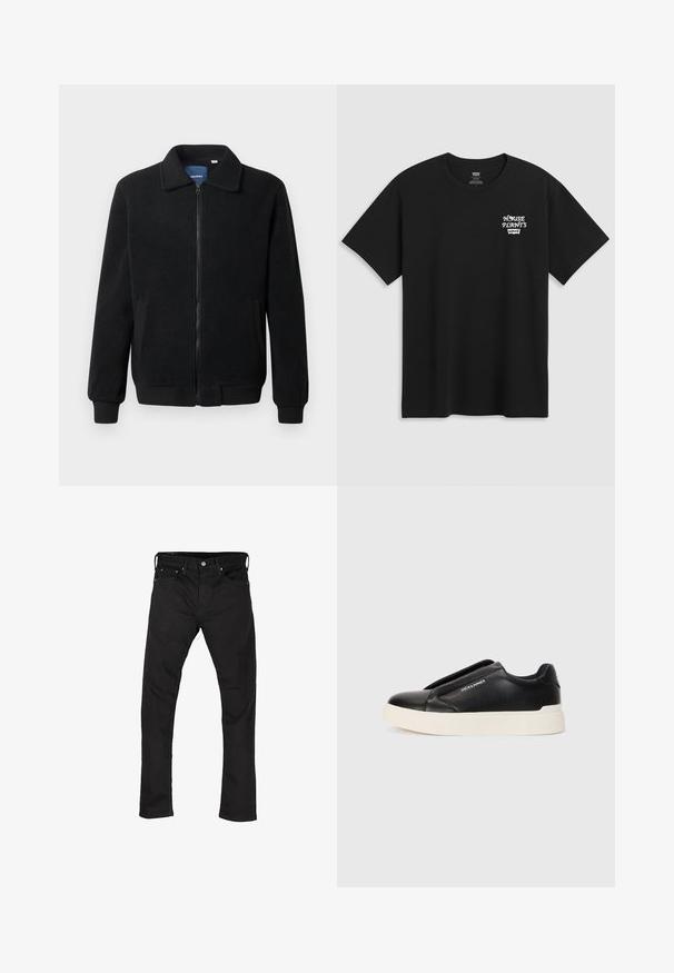 Musternahk fleece-jakk musternahaga, tõmblukk, seisev kaelus, soonikkoes varrukad ja küljetaskud tekstuurse pinnaga.; Must musta t-särk, millel on rinnakrüpt, mis ütleb "KESKKOND" valgel stiliseeritud fontidega ja "Levi's" all. Klassikaline ümar kaelus.; Mustad mustad džinsid, millel on esikotid, vööd, ja nööbiga sulgemine, laotatud tasasele valgele taustale.; Must musta kingad tekstureeritud nahast pealmise osaga, valge kummist tallaga ja nähtamatute paeltega. Küljel on brändi logo.