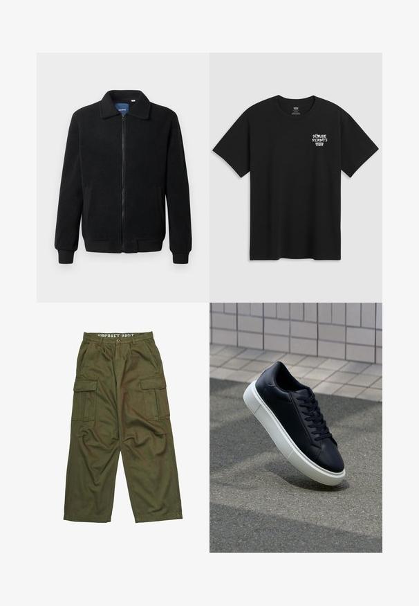 Černá fleecová bunda s zipovým uzávěrem, stojáčkem, vroubkovanými manžetami a bočními kapsami s texturovaným povrchem.; Černé bavlněné tričko s potiskem na hrudi, který zní "HOUSE PLANTS" v bílém stylizovaném písmu s "Levi's" pod ním. Klasický výstřih ve stylu crew.; Alpha Industries AIRCRAFT - Kapsáče - dark olive; Černé kožené tenisky s kulatou špičkou a bílou gumovou podrážkou. mají ploché tkaničky a minimální šití na svršku. Texturovaná podrážka pro lepší přilnavost.