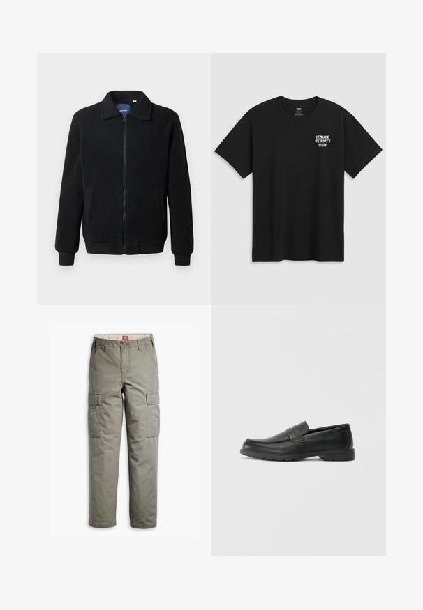 Casaco de polar preto com fecho de correr, gola alta, punhos canelados e bolsos laterais com uma superfície texturizada.; T-shirt preta de algodão com uma impressão no peito que diz "PLANTAS DE CASA" em letras brancas estilizadas com "Levi's" abaixo. Gola clássica em crew.; Calças cargo em verde-oliva, feitas de uma mistura de algodão durável, com bolsos laterais, um design de perna reta e fecho por botão.; Sapatos mocassins de couro preto com acabamentos lisos, parte superior em estilo mocassins, detalhes em costura e sola de borracha. Design clássico com um salto baixo.