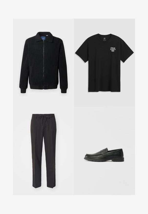 Fekete bolyhos dzseki cipzárral, állógallérral, bordázott mandzsettákkal és oldalzsebekkel, textúrált felülettel.; Fekete pamut póló, melynek mellkasi nyomata "HOUSE PLANTS" felirattal fehér stilizált betűkkel, alatta a "Levi's" felirattal. Klasszikus kerek nyakú.; Fekete, laza szabású nadrág, állítható derékkal, elöl pliszírozott részletekkel és egyenes lábszárral. Simább, könnyű anyagból készült.; Fekete bőr mokaszinok sima felülettel, a mokaszin stílusú felsőrésszel, varrott részletezéssel és gumitalppal. Klasszikus dizájn alacsony sarokkal.