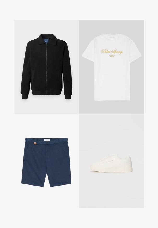 Schwarze Fleecejacke mit Reißverschluss, Stehkragen, gerippten Bündchen und seitlichen Taschen mit strukturiertem Oberflächenmaterial.; Weißes Baumwoll-T-Shirt mit goldenen Schriftzug "Palm Spring" und darunter "California Love Eighty Five", lockere Passform, Rundhalsausschnitt.; Marineblaue Shorts aus Baumwolle, mit einem geflochtenen Gürtel und einem braunen Lederakzent, seitlichen Taschen und geradem Schnitt.; Weiße Slip-On-Sneaker mit einer strukturierten Oberfläche, dicker Sohle und minimalistischem Design. Mit Logo der Marke an der Seite.