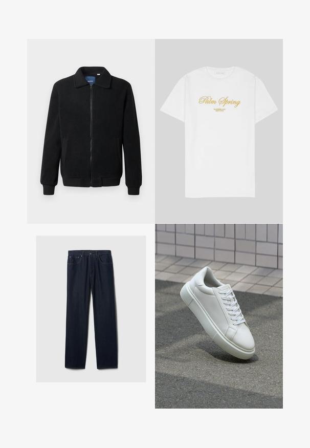 Black fleece jacket featuring a zip closure, stand collar, ribbed cuffs, and side pockets with a textured surface.; White cotton t-shirt featuring gold text that reads "Palm Spring" with "California Love Eighty Five" below, relaxed fit, crew neck design.; Dark blue straight-leg denim jeans with five-pocket design, button closure, and visible stitching on a plain light background.; White leather sneaker with a smooth surface, round toe, and flat white laces. Features a textured rubber sole and minimal design elements.