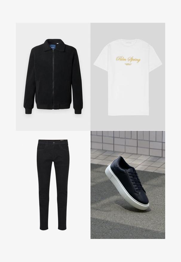 Musternahk fleece-jakk musternahaga, tõmblukk, seisev kaelus, soonikkoes varrukad ja küljetaskud tekstuurse pinnaga.; Valge puuvillane T-särk, millel on kuldne tekst, mis ütleb "Palm Spring" ja allpool "California Love Eighty Five", mugav ja lõdva lõikega, ümmarguse kaelusega disain.; Mustad denim teksad on sobiva disainiga, viie taskuga, standardse nööpkinni ja peene tekstuuriga vastupidavuse tagamiseks.; Mustast nahast tennisetoss, millel on ümar nina ja valge kummist tall. Omab siredaid paelu ja minimaalset õmblemist ülemises osas. Tekstuuriga tald, mis tagab haakuvuse.