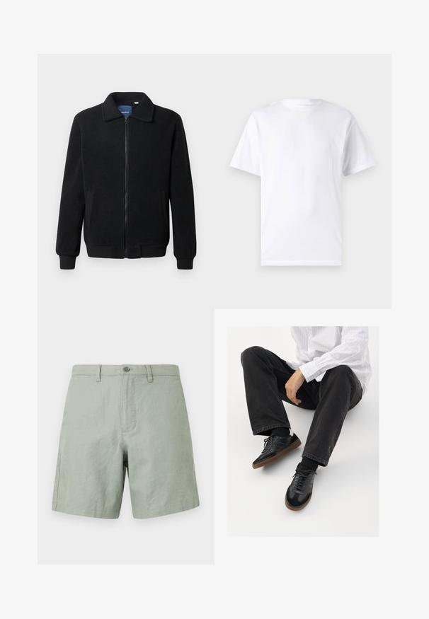 Veste en polaire noire avec fermeture éclair, col montant, poignets côtelés et poches latérales avec une surface texturée.; T-shirt blanc à manches courtes en coton avec un col rond, présentant une texture lisse et un design simple, sans motifs ni accents.; Shorts en lin vert clair avec un devant plat, fermeture à un bouton, et poches latérales. Ourlet plat avec des détails de couture minimaux.; Sneakers noirs avec un dessus lisse et texturé, dotés d'une semelle en caoutchouc et de lacets sombres. Associés à un jean noir et une chemise blanche à rayures.