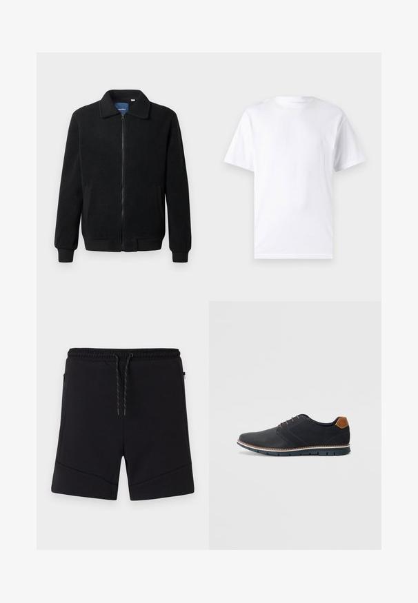 Crni flis jakna s zatvaranjem na zip, stojećim ovratnikom, rebrastim manžetama i bočnim džepovima s teksturiranom površinom.; Bijela kratka majica s kratkim rukavima od pamuka s okruglim izrezom, s glatkom teksturom i jednostavnim dizajnom bez uzoraka ili naglasaka.; Crne atletske kratke hlače napravljene od mekanog materijala, s elastičnim pojasom, vezicom i bočnim zip džepovima s ojačanim šavovima.; Crne sintetičke cipele s teksturiranim gornjim dijelom, glatkim akcentima, smešnim petom i kontrastnom potplatom. Imaju minimalne vezice i detalje šivanja.