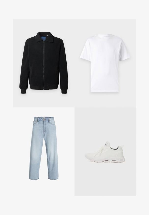 Casaco de polar preto com fecho de correr, gola alta, punhos canelados e bolsos laterais com uma superfície texturizada.; Camiseta branca de mangas curtas em algodão com decote arredondado, apresentando uma textura suave e um design simples, sem padrões ou detalhes.; Jeans de denim azul claro com uma cintura alta, perna larga e corte reto. Apresenta um fecho clássico com botão e design de cinco bolsos.; Ténis atléticos brancos com um superior em malha texturizada, atacadores planos e uma sola acolchoada com câmaras de ar visíveis para maior suporte.