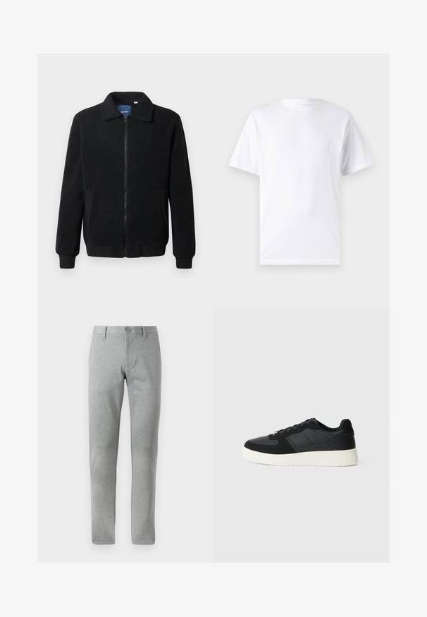 Svart fleece jakke med glidelås, høy krage, ribbestrikkede mansjetter og sidelommer med strukturert overflate.; Hvit kortermet t-skjorte laget av bomull med rund hals, med en jevn tekstur og et enkelt design uten mønstre eller detaljer.; Grå, rette bukser laget av teksturert stoff. Har en knappelukking, beltehemper og sidelommer for funksjonalitet.; Svart lavtopp sneakers med teksturert lær og semskede paneler, hvit gummisåle og svarte snørebånd på en enkel lys bakgrunn.