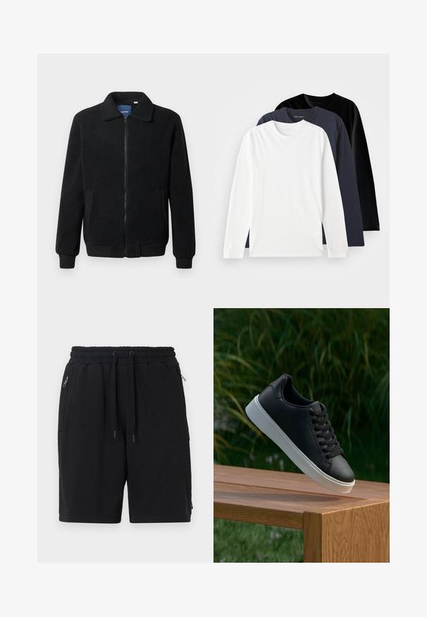 Fekete bolyhos dzseki cipzárral, állógallérral, bordázott mandzsettákkal és oldalzsebekkel, textúrált felülettel.; Három hosszú ujjú póló halmozva: egy fehér, egy sötét tengeri kék és egy fekete. Simított pamutból készült, kerek nyakkivágással és oldalsó hasítékokkal rendelkezik.; Fekete sort puha anyagból, rugalmas derékkal, húzózsinórral, két oldalsó cipzáras zsebbel és egyszerű dizájnnal.; Fekete bőr sportcipő sima textúrával, fehér gumitalppal és hat lukkal a fűzőknek, amely egy fa felületen van bemutatva.