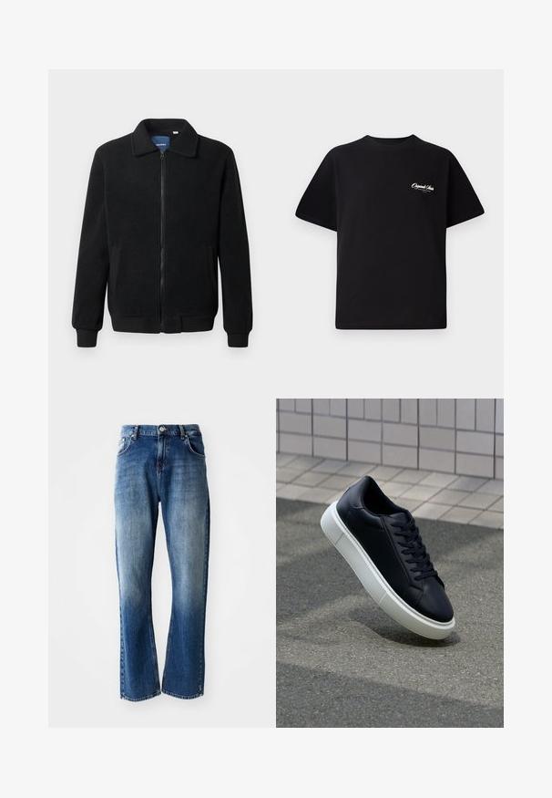 Črna flis jakna z zadrgo, stoječim ovratnikom, rebrastimi zapestji in stranskimi žepi s teksturirano površino.; Črna bombažna majica s krožno ovratnikom, kratkimi rokavi in majhnim belim logotipom na levem prsnem delu. Preprost dizajn, klasičen kroj.; Kavbojke s ravnim krojem, svetlo in temno modri pranje z bledenjem, pet žepov in gumbasto zapiranje.; Črne usnjene superge z zaobljenim prstom in belim gumijastim podplat. Imajo ravne vezalke in minimalno šivanje na zgornjem delu. Teksturirani podplat za oprijem.