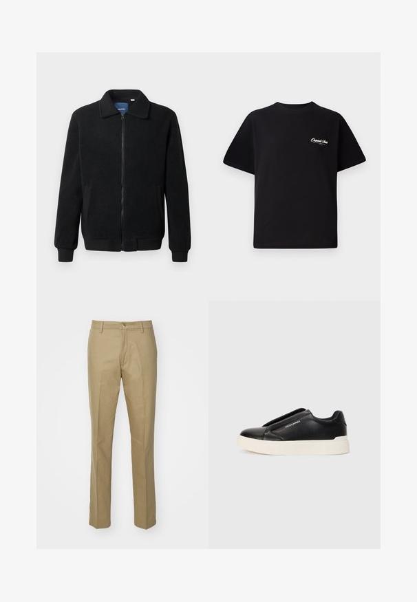 Črna flis jakna z zadrgo, stoječim ovratnikom, rebrastimi zapestji in stranskimi žepi s teksturirano površino.; Črna bombažna majica s krožno ovratnikom, kratkimi rokavi in majhnim belim logotipom na levem prsnem delu. Preprost dizajn, klasičen kroj.; Khaški hlače iz mešanice bombaža, s pravošernim krojem, vidnimi sprednjimi žepi, zadrgo in klasičnim pasom z enim gumbom.; Črne slip-on športne čevlje z teksturiranim usnjenim zgornjim delom, belim gumijastim podplatom in brez vidnih vezalk. Na strani je logotip blagovne znamke.