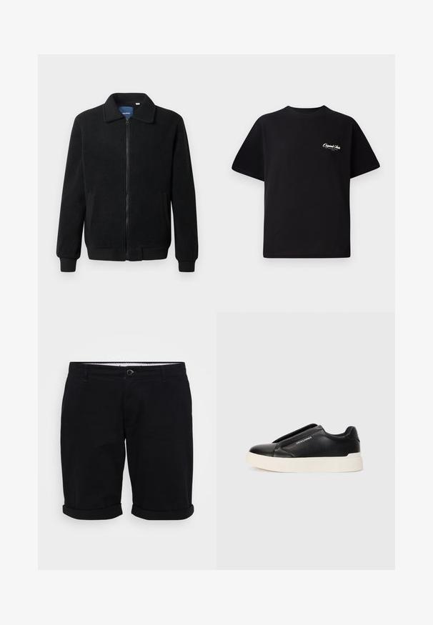 Black fleece jacket featuring a zip closure, stand collar, ribbed cuffs, and side pockets with a textured surface.; Black cotton t-shirt featuring a crew neckline, short sleeves, and small white logo text on the left chest. Simple design, classic fit.; Black cotton shorts with a straight cut, rolled cuffs, and front button closure. Features pockets and a patterned inner waistband.; Black slip-on sneaker with textured leather upper, white rubber sole, and no visible laces. Features brand logo on the side.