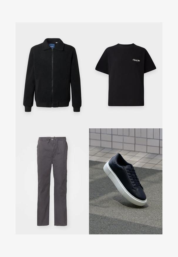 Zwarte fleece jas met een ritssluiting, staande kraag, ribgebreide manchetten en zijzakken met een textuur.; Zwarte katoenen t-shirt met een ronde hals, korte mouwen en kleine witte logo-tekst op de linkerkant van de borst. Eenvoudig ontwerp, klassieke pasvorm.; Grijs, lichtgewicht broek met een relaxte pasvorm, elastische taille met trekkoord, zijzakken en een gladde, zachte textuur.; Zwarte leren sneaker met een ronde neus en een witte rubberen zool. Voorzien van platte veters en minimale stiksels op het bovenwerk. Textuurrijke zool voor grip.