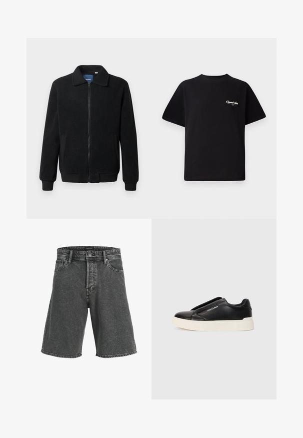 Chaqueta de forro polar negra con cierre de cremallera, cuello alzado, puños acanalados y bolsillos laterales con una superficie texturizada.; Camiseta de algodón negra con cuello redondo, mangas cortas y pequeño texto en blanco del logo en el lado izquierdo del pecho. Diseño simple, corte clásico.; Pantalones cortos de mezclilla negra con un corte relajado, que cuentan con un cierre de botón, dos bolsillos delanteros y un sutil patrón desgastado. Diseño clásico de cinco bolsillos.; Zapatillas negras sin cordones con parte superior de cuero texturizado, suela de goma blanca y sin cordones visibles. Presenta el logo de la marca en el costado.