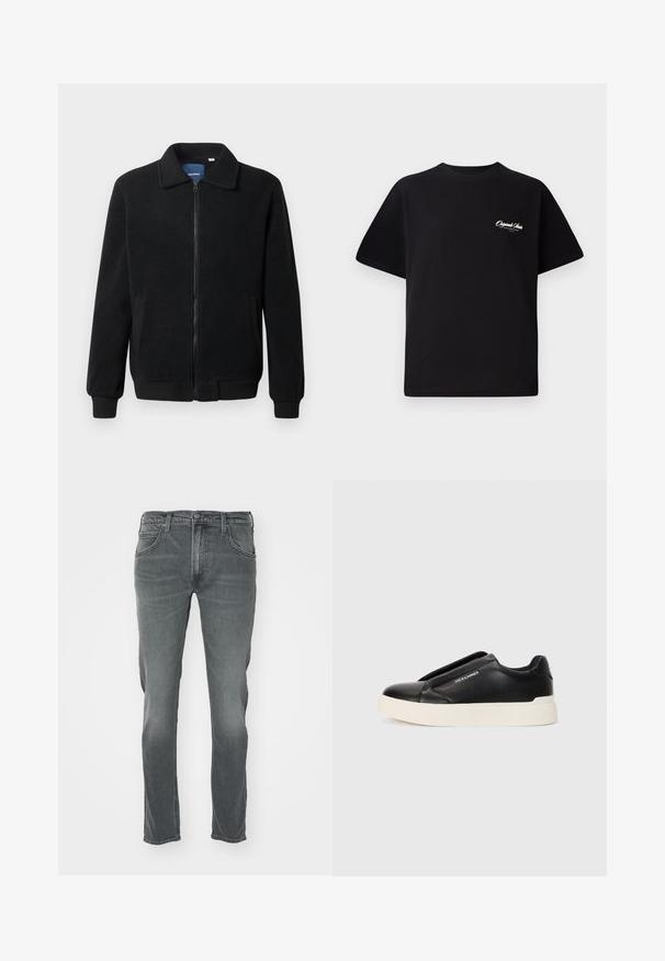 Czarna polarowa kurtka z zamkiem błyskawicznym, stójką, ściągaczami przy mankietach oraz bocznymi kieszeniami o teksturowanej powierzchni.; Czarny bawełniany t-shirt z okrągłym dekoltem, krótkimi rękawami i małym białym logo na lewej piersi. Prosty design, klasyczny krój.; Szare dżinsy o prostym kroju nogawki, z zapięciem na guzik, pięcioma kieszeniami oraz subtelnym przetarciem z przodu.; Czarne trampki wsuwane z teksturowanej skóry, biała gumowa podeszwa i brak widocznych sznurówek. Posiadają logo marki z boku.