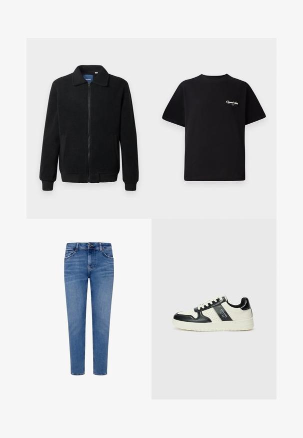 Crni flis jakna s zatvaranjem na zip, stojećim ovratnikom, rebrastim manžetama i bočnim džepovima s teksturiranom površinom.; Crna pamučna majica s okruglim izrezom, kratkim rukavima i malim bijelim logotipom s lijeve strane na prsima. Jednostavan dizajn, klasičan kroj.; Plave traperice s ravnim nogavicama, stilom s pet džepova i kopčanjem na gumb. Imaju izblijedjeli izgled i suptilne detalje šivanja.; Kožne tenisice s crno-bijelom paletom boja, koje imaju perforirane akcentne detalje, podstavljeni ovratnik i teksturiranu potplat.
