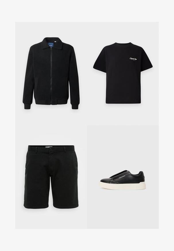 Black fleece jacket featuring a zip closure, stand collar, ribbed cuffs, and side pockets with a textured surface.; Black cotton t-shirt featuring a crew neckline, short sleeves, and small white logo text on the left chest. Simple design, classic fit.; Black cotton shorts with a straight cut. Features a button closure and belt loops. Smooth texture and slightly above-the-knee length.; Black slip-on sneaker with textured leather upper, white rubber sole, and no visible laces. Features brand logo on the side.