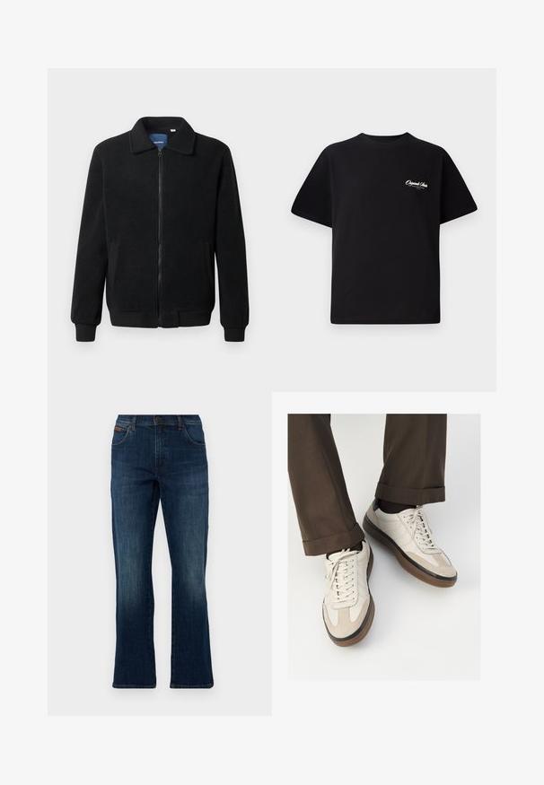 Črna flis jakna z zadrgo, stoječim ovratnikom, rebrastimi zapestji in stranskimi žepi s teksturirano površino.; Črna bombažna majica s krožno ovratnikom, kratkimi rokavi in majhnim belim logotipom na levem prsnem delu. Preprost dizajn, klasičen kroj.; Temno modri kavbojasti trapezni jeans z obliko petih žepov, sprednjim gumbom za zapiranje in subtilnim bledenjem na stegnu za variacijo teksture.; Bež teniske z teksturiranim prednjim delom iz usnja, gladkimi kožnimi stranicami in rjavo gumijasto podplatom. Vključene vezalke in svetla šivana detajla.