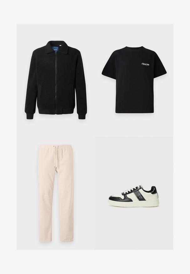 Musta fleece-takki, jossa on vetoketjulla suljettavat, pystykaulus, ribbireunat ja sivutaskut, joissa on teksturoitu pinta.; Mustat puuvillateepaidat, joissa on pyöreä kaula-aukko, lyhyet hihat ja pieni valkoinen logoteksti vasemmassa rinnassa. Yksinkertainen suunnittelu, klassinen istuvuus.; Housut vaaleanbeigeä pehmeästä kankaasta, joissa on joustava vyötärö nauhalla ja suorat lahkeet. Tasainen pinta, ilman kuvioita.; Nahkakengät musta-kerma värimaailmassa, joissa on rei'itetyt yksityiskohdat, pehmustettu nilkkaosa ja teksturoitu pohja.