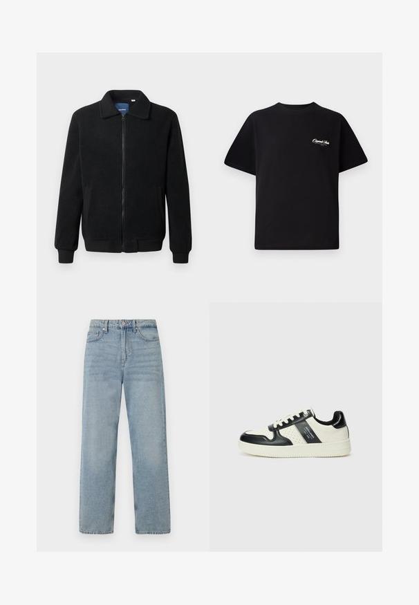 Juodas fliso džemperis su užtrauktuku, stovinčia apykakle, gumuotais rankogaliais ir šoninėmis kišenėmis, turinčiomis tekstūruotą paviršių.; Juodas medvilninis marškinėliai su apvalia kaklo linija, trumpomis rankovėmis ir mažais baltais logotipo raštais kairiajame krūtinės šone. Paprastas dizainas, klasikinio kirpimo.; Šviesiai mėlyni džinsai su aukštu juosmeniu, tiesių kojų dizainu, penkių kišenių stiliumi ir subtiliu nudilimo efektu.; Odiniai sportbačiai juodos ir kreminės spalvų schemoje, su perforuotais akcentais, paminkštinta apykakle ir tekstūruotu padu.