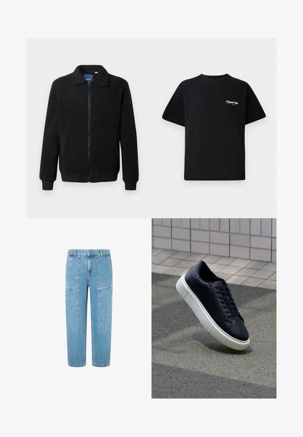 Črna flis jakna z zadrgo, stoječim ovratnikom, rebrastimi zapestji in stranskimi žepi s teksturirano površino.; Črna bombažna majica s krožno ovratnikom, kratkimi rokavi in majhnim belim logotipom na levem prsnem delu. Preprost dizajn, klasičen kroj.; Denim kavbojke v svetlo modri barvi z ravnim krojem, ki imajo dva velika žepa s sceno in subtilnimi obrabljenimi detajli na tkanini.; Črne usnjene superge z zaobljenim prstom in belim gumijastim podplat. Imajo ravne vezalke in minimalno šivanje na zgornjem delu. Teksturirani podplat za oprijem.