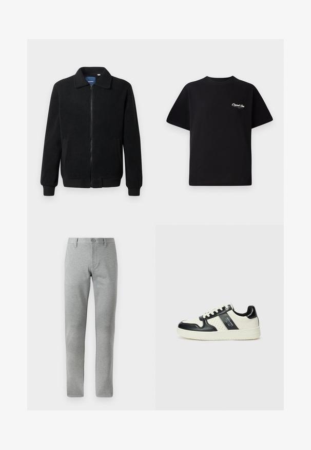 Črna flis jakna z zadrgo, stoječim ovratnikom, rebrastimi zapestji in stranskimi žepi s teksturirano površino.; Črna bombažna majica s krožno ovratnikom, kratkimi rokavi in majhnim belim logotipom na levem prsnem delu. Preprost dizajn, klasičen kroj.; Sive hlače ravnega kroja, narejene iz teksturirane tkanine. Imajo gumbasto zapenjanje, zanke za pas in stranske žepke za funkcionalnost.; Usnjeni športni čevlji z črno in krem barvno shemo, ki vključujejo perforirane dodatke, podložen ovratnik in strukturirano podplat.