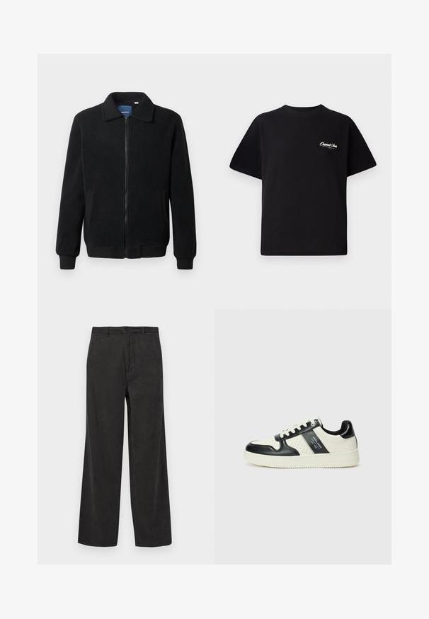Chaqueta de forro polar negra con cierre de cremallera, cuello alzado, puños acanalados y bolsillos laterales con una superficie texturizada.; Camiseta de algodón negra con cuello redondo, mangas cortas y pequeño texto en blanco del logo en el lado izquierdo del pecho. Diseño simple, corte clásico.; Pantalones de pana negros con un diseño de pierna ancha, que presentan una textura de acanalado vertical, un cierre de cremallera con botón y bolsillos frontales.; Zapatillas de cuero con un esquema de colores negro y crema, que cuentan con acentos perforados, un collar acolchado y una suela texturizada.
