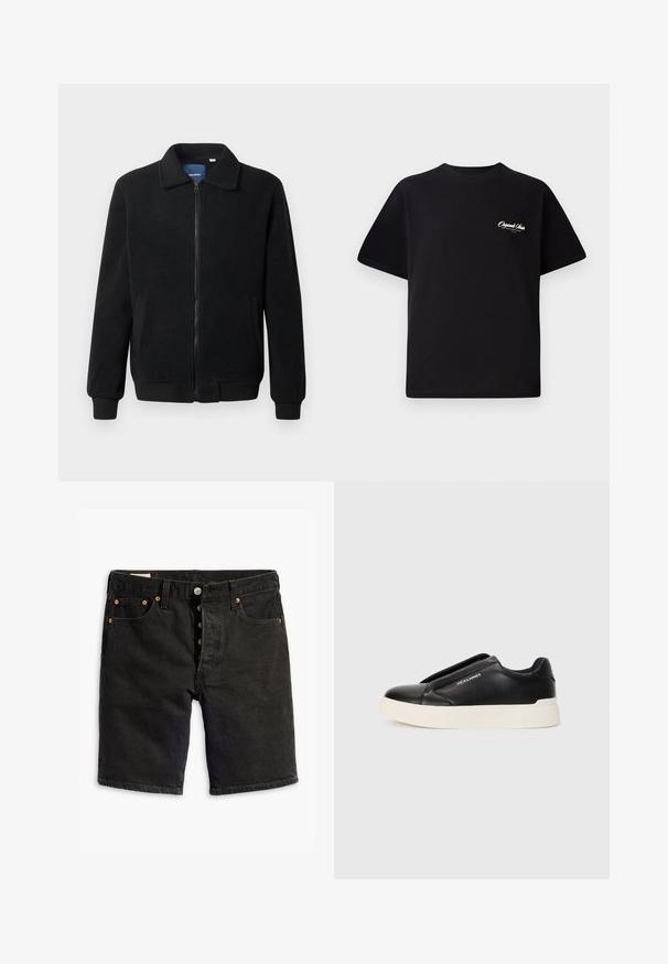 Crni flis jakna s zatvaranjem na zip, stojećim ovratnikom, rebrastim manžetama i bočnim džepovima s teksturiranom površinom.; Crna pamučna majica s okruglim izrezom, kratkim rukavima i malim bijelim logotipom s lijeve strane na prsima. Jednostavan dizajn, klasičan kroj.; Levi's® ORIGINAL - Kratke hlače od trapera - black; Crne slip-on tenisice s teksturiranim kožnim gornjištem, bijelim gumeni potplat i bez vidljivih vezica. Sadrži logotip marke sa strane.