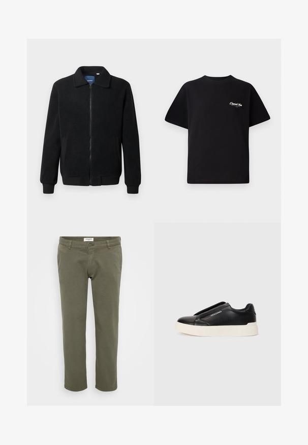Black fleece jacket featuring a zip closure, stand collar, ribbed cuffs, and side pockets with a textured surface.; Black cotton t-shirt featuring a crew neckline, short sleeves, and small white logo text on the left chest. Simple design, classic fit.; Olive green chinos with a straight cut, made of cotton with slight texture, featuring a button closure and belt loops.; Black slip-on sneaker with textured leather upper, white rubber sole, and no visible laces. Features brand logo on the side.
