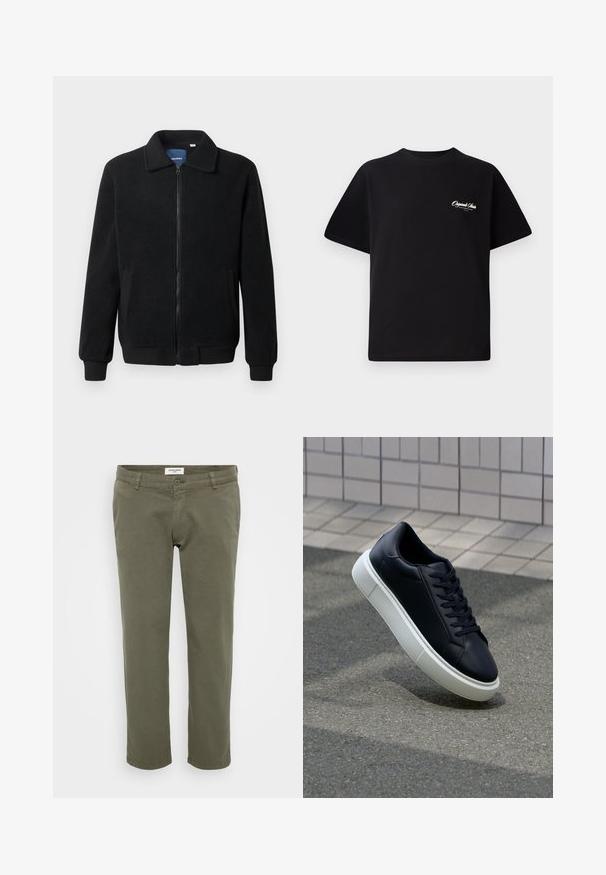 Svart fleecjacka med dragkedja, ståkrage, ribbade muddar och sidofickor med texturerad yta.; Svart bomull t-shirt med rund halsringning, korta ärmar och liten vit logotext på vänster bröst. Enkel design, klassisk passform.; Olivgrön chinos med rak passform, tillverkade av bomull med lätt struktur, med knappstängning och bälteshällor.; Svart lädersneaker med rundad tå och vit gummisula. Har platta snören och minimal sömnad på ovansidan. Texturerad sula för grepp.