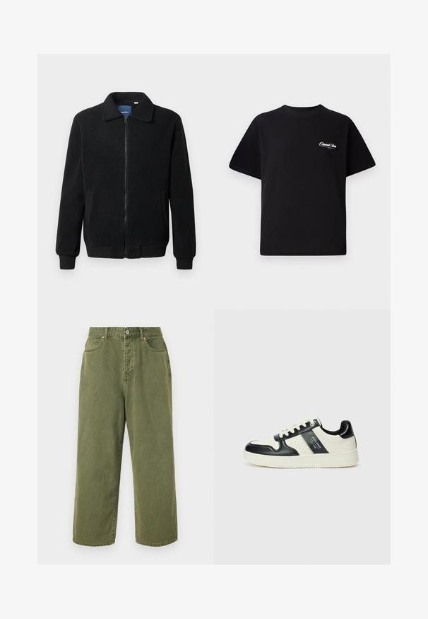 Chaqueta de forro polar negra con cierre de cremallera, cuello alzado, puños acanalados y bolsillos laterales con una superficie texturizada.; Camiseta de algodón negra con cuello redondo, mangas cortas y pequeño texto en blanco del logo en el lado izquierdo del pecho. Diseño simple, corte clásico.; Pantalones vaqueros de pernera ancha en verde oliva, hechos de algodón, con una cinturilla con botón y diseño de cinco bolsillos, con costuras visibles en las costuras.; Zapatillas de cuero con un esquema de colores negro y crema, que cuentan con acentos perforados, un collar acolchado y una suela texturizada.