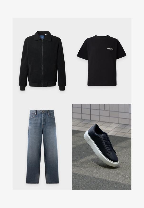 Svart fleece jakke med glidelås, høy krage, ribbestrikkede mansjetter og sidelommer med strukturert overflate.; Svart bomull t-skjorte med rund hals, korte ermer og liten hvit logo-tekst på venstre bryst. Enkel design, klassisk passform.; Denimjeans i middels blå med rett ben-design, som har fem lommer, knapp- og glidelås-lukking, og subtile falmings-effekter.; Sorte skinnsneakers med rund tå og hvit gummisåle. Har flate lisser og minimal søm på overdelen. Strukturert såle for grep.