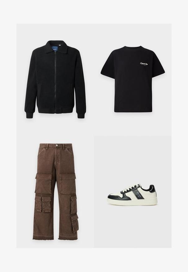 Musternahk fleece-jakk musternahaga, tõmblukk, seisev kaelus, soonikkoes varrukad ja küljetaskud tekstuurse pinnaga.; Must mustrüst t-särk, millel on ümar kaelus, lühikesed varrukad ja väike valge logo tekst vasakul rinnal. Lihtne disain, klassikaline sobivus.; Pruunid cargo püksid, millel on lõtv lõige, mitmed küljetaskud ja narmastega äär. Valmistatud vastupidavast, tekstuuriga kangast vastupidavuse tagamiseks.; Nahatud nahkkingad musta ja kreemi värviskeemiga, millel on perforeeritud aktsendid, pehme krae ja tekstureeritud tallad.