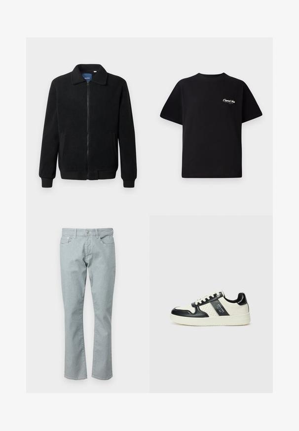 Črna flis jakna z zadrgo, stoječim ovratnikom, rebrastimi zapestji in stranskimi žepi s teksturirano površino.; Črna bombažna majica s krožno ovratnikom, kratkimi rokavi in majhnim belim logotipom na levem prsnem delu. Preprost dizajn, klasičen kroj.; Svetlo modri traper hlače z ravnim krojem, petimi žepi, zadrgo in subtilno teksturo. Imajo pasne zanke in kontrastne šive.; Usnjeni športni čevlji z črno in krem barvno shemo, ki vključujejo perforirane dodatke, podložen ovratnik in strukturirano podplat.