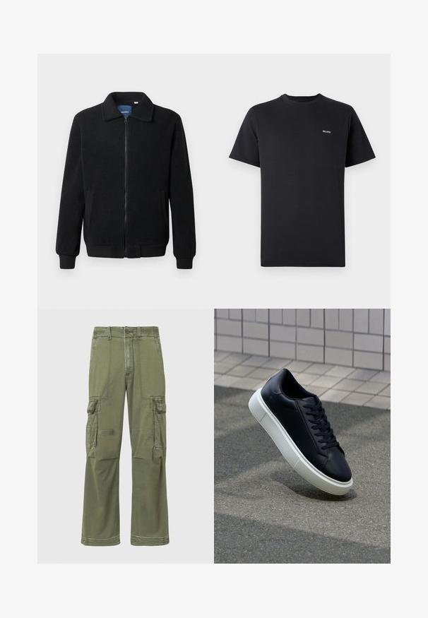 Zwarte fleece jas met een ritssluiting, staande kraag, ribgebreide manchetten en zijzakken met een textuur.; Zwarte T-shirt met korte mouwen en ronde hals, met een klein wit "Hollister" logo op de linkerkant van de borst tegen een effen achtergrond.; Olijfgroene cargobroek met een relaxte pasvorm, voorzien van meerdere zijzakken, stikseldetails en een knoopsluiting in de taille.; Zwarte leren sneaker met een ronde neus en een witte rubberen zool. Voorzien van platte veters en minimale stiksels op het bovenwerk. Textuurrijke zool voor grip.