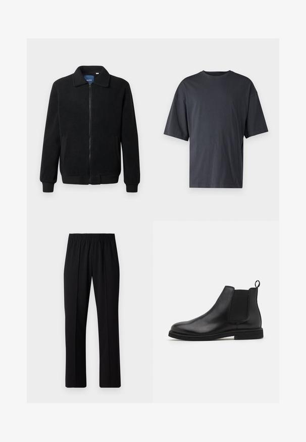 Svart fleece jakke med glidelås, høy krage, ribbestrikkede mansjetter og sidelommer med strukturert overflate.; Mørk grå kortermet t-skjorte laget av lett bomull, med løs passform og klassisk rund hals, med ensartet tekstur og uten mønstre.; Svart, elastisk midjebukser med rett ben-design, med en glatt tekstur og uten synlige mønstre eller maskinvare.; Sorte skinn Chelsea støvler med elastiske sidepaneler og en trekkrem. Rund tå og flat gummisåle, med en glatt finish.