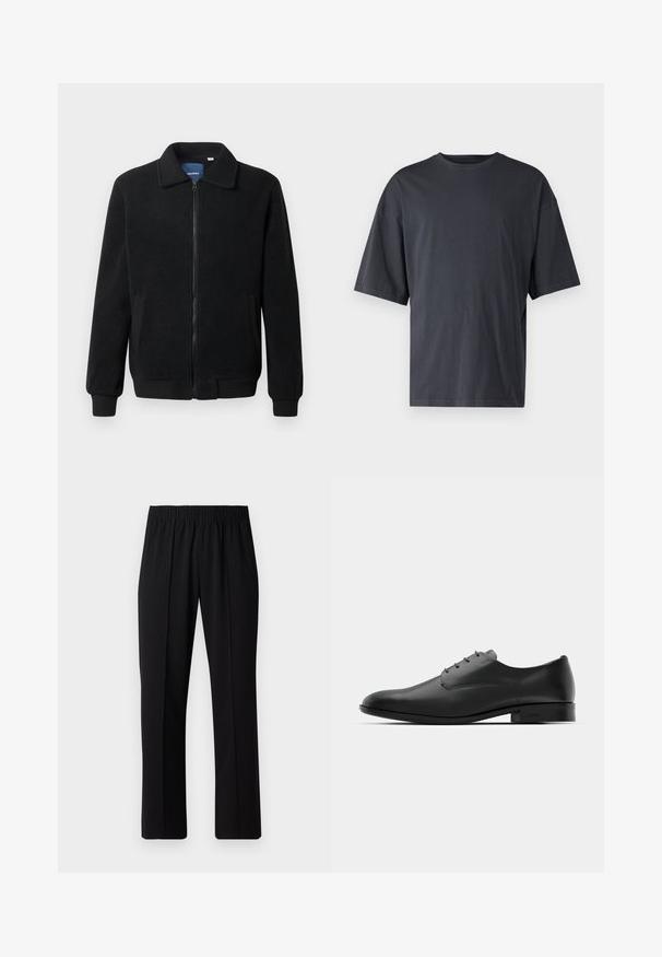 Veste en polaire noire avec fermeture éclair, col montant, poignets côtelés et poches latérales avec une surface texturée.; T-shirt à manches courtes gris foncé en coton léger, avec une coupe ample et un col rond classique, présentant une texture unie et sans motifs.; Pantalons noirs à taille élastique avec une coupe droite, présentant une texture lisse et sans motifs ni éléments visibles.; Chaussure habillée en cuir noir au design épuré, à bout arrondi, avec cinq œillets pour les lacets et un petit talon rehaussé. Détail du logo embossé subtil.