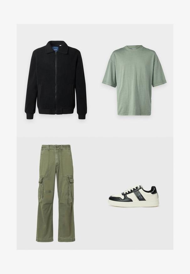 Chaqueta de forro polar negra con cierre de cremallera, cuello alzado, puños acanalados y bolsillos laterales con una superficie texturizada.; Camiseta de manga corta verde claro con cuello redondo y corte relajado; hecha de un material suave con una textura lisa.; Pantalones cargo verde oliva con un ajuste relajado, que cuentan con múltiples bolsillos laterales, detalles de costura y un cierre de botón en la cintura.; Zapatillas de cuero con un esquema de colores negro y crema, que cuentan con acentos perforados, un collar acolchado y una suela texturizada.