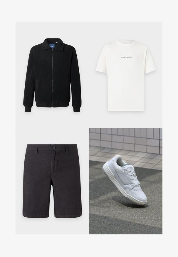 Musternahk fleece-jakk musternahaga, tõmblukk, seisev kaelus, soonikkoes varrukad ja küljetaskud tekstuurse pinnaga.; Valge puuvillane T-särk lühikeste varrukatega ja ümar kaelus. Keskel on tekst "TERE TULEMA PARADISSE" kaardus rohelises fondis.; Tumed hallid lühikesed püksid, mis on valmistatud kudumisest, omavad nööbi kinnitust, vöökohavööd ja sirget jala disaini, puhaste äärte ja küljataskutega.; Valge nahkne toss, millel on perforeeritud külgedega, tekstuuriga aktsendid, lame pael ja kontrastne hall konts. Omab veidi tõstetud tallat.