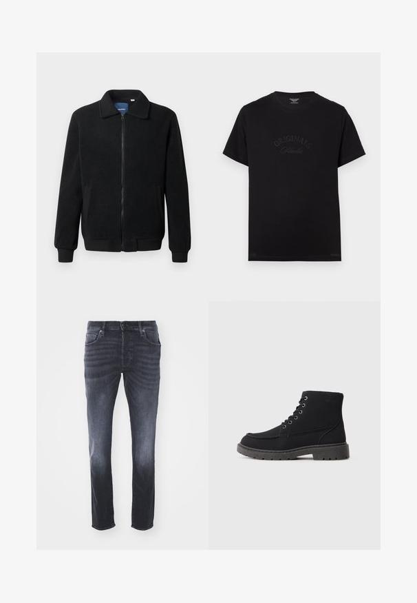 Casaco de polar preto com fecho de correr, gola alta, punhos canelados e bolsos laterais com uma superfície texturizada.; T-shirt de algodão preto com mangas curtas e decote redondo. Apresenta "ORIGINALS Studio" em relevo na frente, com letras tonais.; Jeans de ganga cinza escuro com um design clássico de perna reta, apresentando bolsos frontais, fecho de zip com botão e desbotamento subtil.; Botas de tornozelo pretas feitas de material texturizado com sola plana, biqueira arredondada e atacadores com seis ilhós. Costura reforçada ao longo da borda.