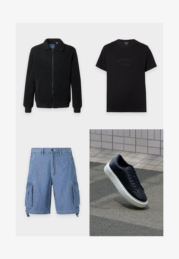 Giacca in pile nera con chiusura zip, colletto alto, polsini a coste e tasche laterali con superficie strutturata.; T-shirt in cotone nero con maniche corte e scollatura rotonda. Presenta la scritta "ORIGINALS Studio" in rilievo con lettering tonale sul davanti.; Shorts cargo in denim blu con chiusura a bottone, due tasche anteriori e due grandi tasche laterali con pattina. Inclusi cordini regolabili all'orlo.; Sneaker in pelle nera con punta arrotondata e suola in gomma bianca. Presenta lacci piatti e cuciture minime sulla parte superiore. Suola testurizzata per una migliore aderenza.