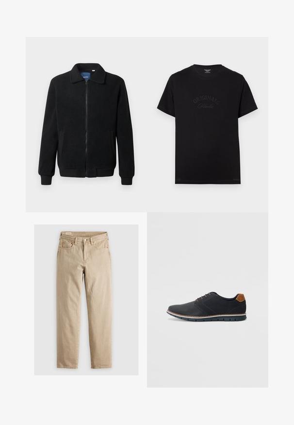 Črna flis jakna z zadrgo, stoječim ovratnikom, rebrastimi zapestji in stranskimi žepi s teksturirano površino.; Črna bombažna majica s kratkimi rokavi in okroglo izrezom. Na sprednjem delu je v tonečih črkami embosirano "ORIGINALS Studio".; Bežne kavbojke v bež barvi s ravnim krojem, ki vključujejo pet žepov, sprednje zapiranje na gumb in subtilne detajle šivanja. Gladka tekstura, sproščen dizajn.; Črne sintetične čevlje z teksturirano zgornjščino, gladkimi akcenti, rjavim petnim delom in kontrastnim podplatom. Imajo minimalno vezanje in detajle šivanja.
