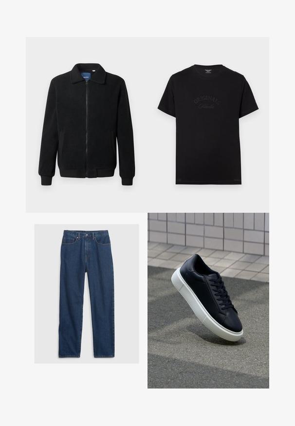 Čierna flísová bunda s uzáverom na zips, stojatým golierom, rebrovanými manžetami a bočnými vreckami s textúrovaným povrchom.; Čierne bavlnené tričko s krátkymi rukávmi a okrúhlym výstrihom. Na prednej strane sa nachádza embosovaný nápis "ORIGINALS Studio" v tónovaných písmenách.; Džínsy v tmavomodrej farbe so rovný strihom, predným piatimi vreckami, horným gombíkom a mosadznými nitmi.; Čierne kožené tenisky s okrúhlou špičkou a bielou gumovou podrážkou. Majú ploché šnúrky a minimálne šitie na vrchu. Textúrovaná podrážka pre lepšiu priľnavosť.