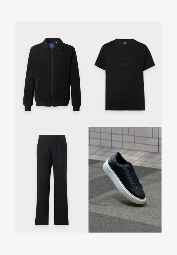 Musta fleece-takki, jossa on vetoketjulla suljettavat, pystykaulus, ribbireunat ja sivutaskut, joissa on teksturoitu pinta.; Mustat puuvillapaitat lyhyillä hihoilla ja pyöreällä kaula-aukolla. Edessä on tonalisessa kirjonnassa "ORIGINALS Studio".; Mustat housut, jotka on valmistettu kevyestä materiaalista, muotonsa mukaisia, suorat lahkeet, napin suljenta ja etutaskut. Silkkinen rakenne.; Mustat nahkakengät, joissa on pyöristetty kärki ja valkoinen kumipohja. Varusteena litteät nauhat ja minimaalinen ommel ylhäällä. Teksturoitu pohja pitävyyden lisäämiseksi.
