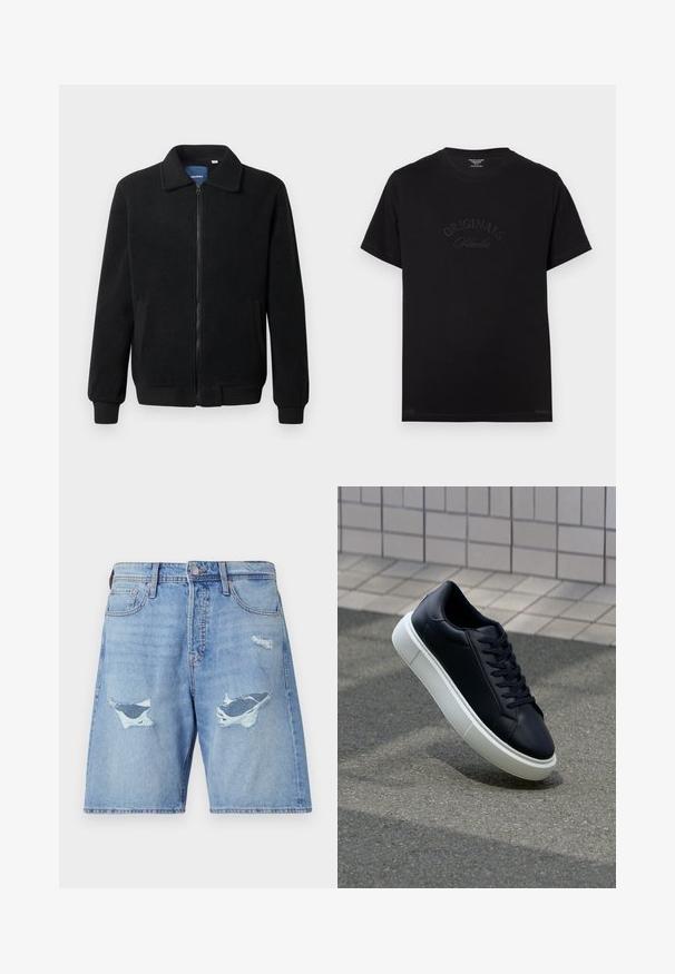 Czarna polarowa kurtka z zamkiem błyskawicznym, stójką, ściągaczami przy mankietach oraz bocznymi kieszeniami o teksturowanej powierzchni.; Czarny bawełniany t-shirt z krótkim rękawem i okrągłym dekoltem. Na przedzie znajduje się wytłoczone napisy "ORIGINALS Studio" w tonacji kolorystycznej.; Jasnoniebieskie szorty denimowe o luźnym kroju, z dwoma większymi przetarciami i subtelnym efektem przetarcia na tkaninie.; Czarne skórzane sneakersy z okrągłym noskiem i białą gumową podeszwą. Posiadają płaskie sznurowadła i minimalne przeszycia na cholewce. Teksturowana podeszwa zapewnia przyczepność.
