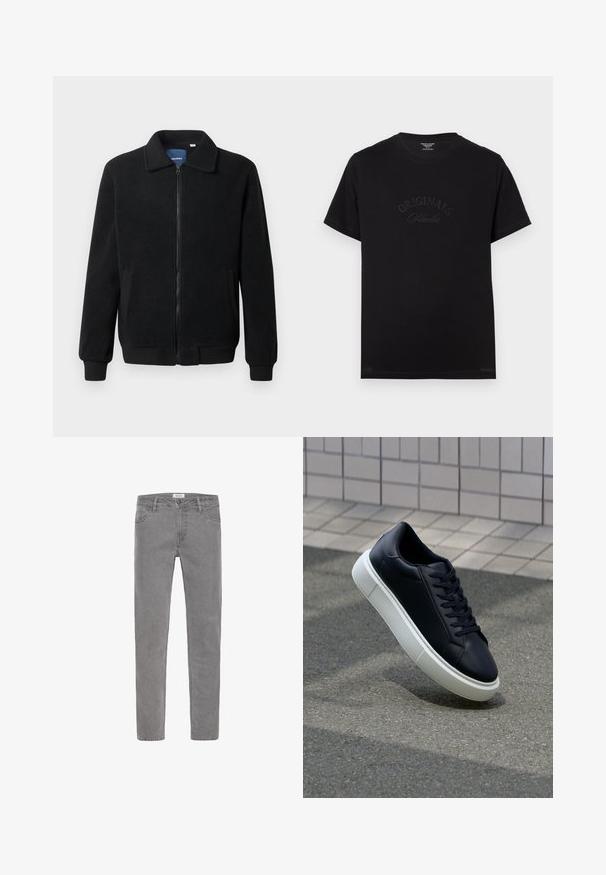 Svart fleece jakke med glidelås, høy krage, ribbestrikkede mansjetter og sidelommer med strukturert overflate.; Svart bomullst-skjorte med korte ermer og rund halslinning. Den har "ORIGINALS Studio" preget i tonede bokstaver foran.; Grå denimjeans med rett passform. Har fem lommer, beltehemper og knappelukking foran. Jevn tekstur, minimalistisk design.; Sorte skinnsneakers med rund tå og hvit gummisåle. Har flate lisser og minimal søm på overdelen. Strukturert såle for grep.