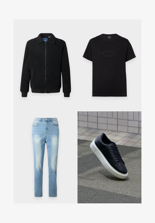 Svart fleece jakke med glidelås, høy krage, ribbestrikkede mansjetter og sidelommer med strukturert overflate.; Svart bomullst-skjorte med korte ermer og rund halslinning. Den har "ORIGINALS Studio" preget i tonede bokstaver foran.; Lys blå denimjeans med rett ben, fem lommer og lett falming på lårene. Klassisk liv med frontknapp.; Sorte skinnsneakers med rund tå og hvit gummisåle. Har flate lisser og minimal søm på overdelen. Strukturert såle for grep.