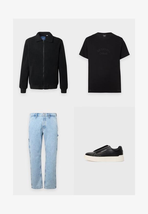 Čierna flísová bunda s uzáverom na zips, stojatým golierom, rebrovanými manžetami a bočnými vreckami s textúrovaným povrchom.; Čierne bavlnené tričko s krátkymi rukávmi a okrúhlym výstrihom. Na prednej strane sa nachádza embosovaný nápis "ORIGINALS Studio" v tónovaných písmenách.; Svetlomodré džínsy cargo s rovnými nohavicami, bočnými vreckami a gombíkovým zapínaním v páse. Látka má vyblednutú textúru.; Čierne tenisky na gumenú podrážku so štruktúrovaným koženým vrchom, biela gumová podrážka a žiadne viditeľné šnúrky. Na boku sa nachádza logo značky.